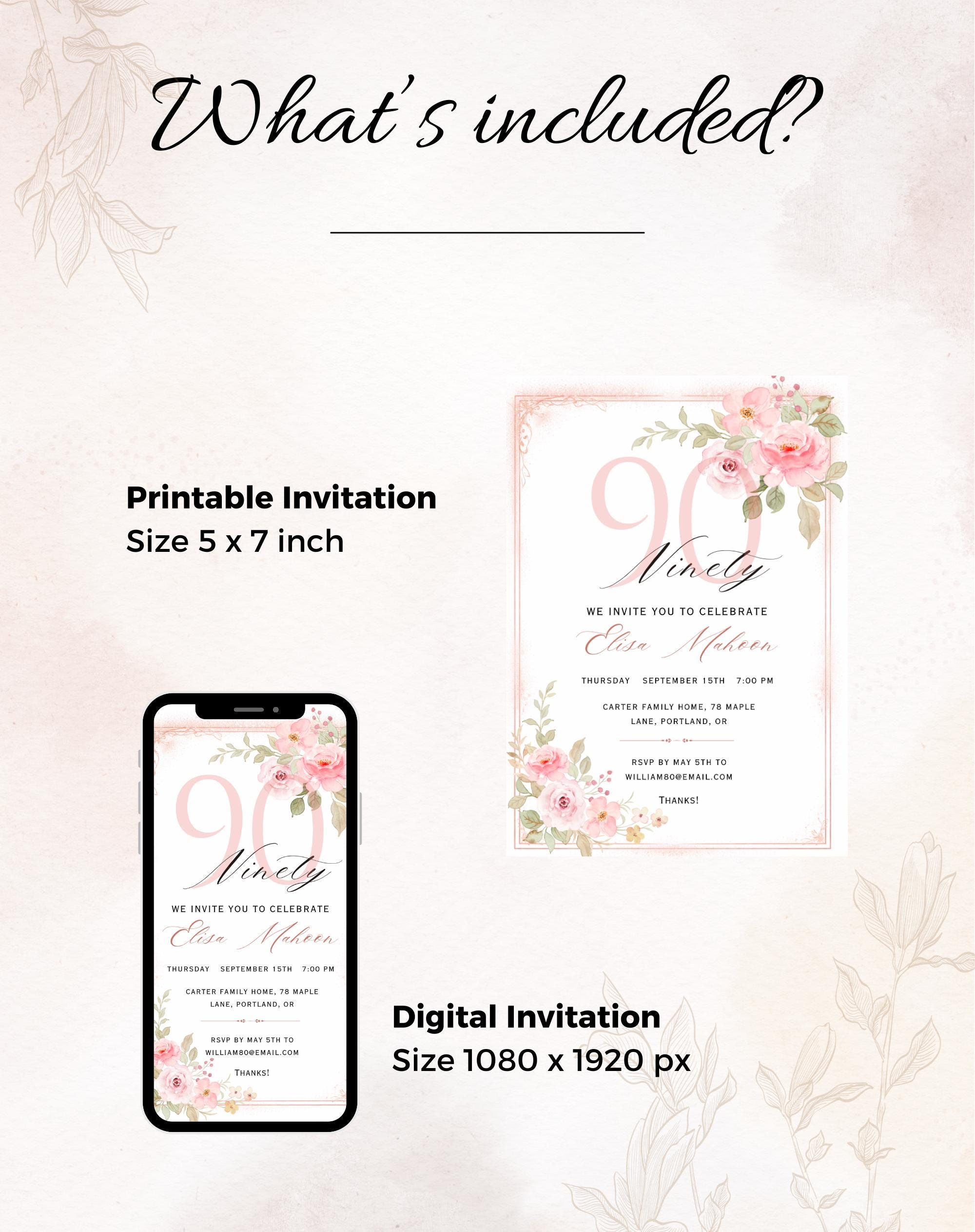 90th Birthday Invitation Pink Floral Elegant Invitation