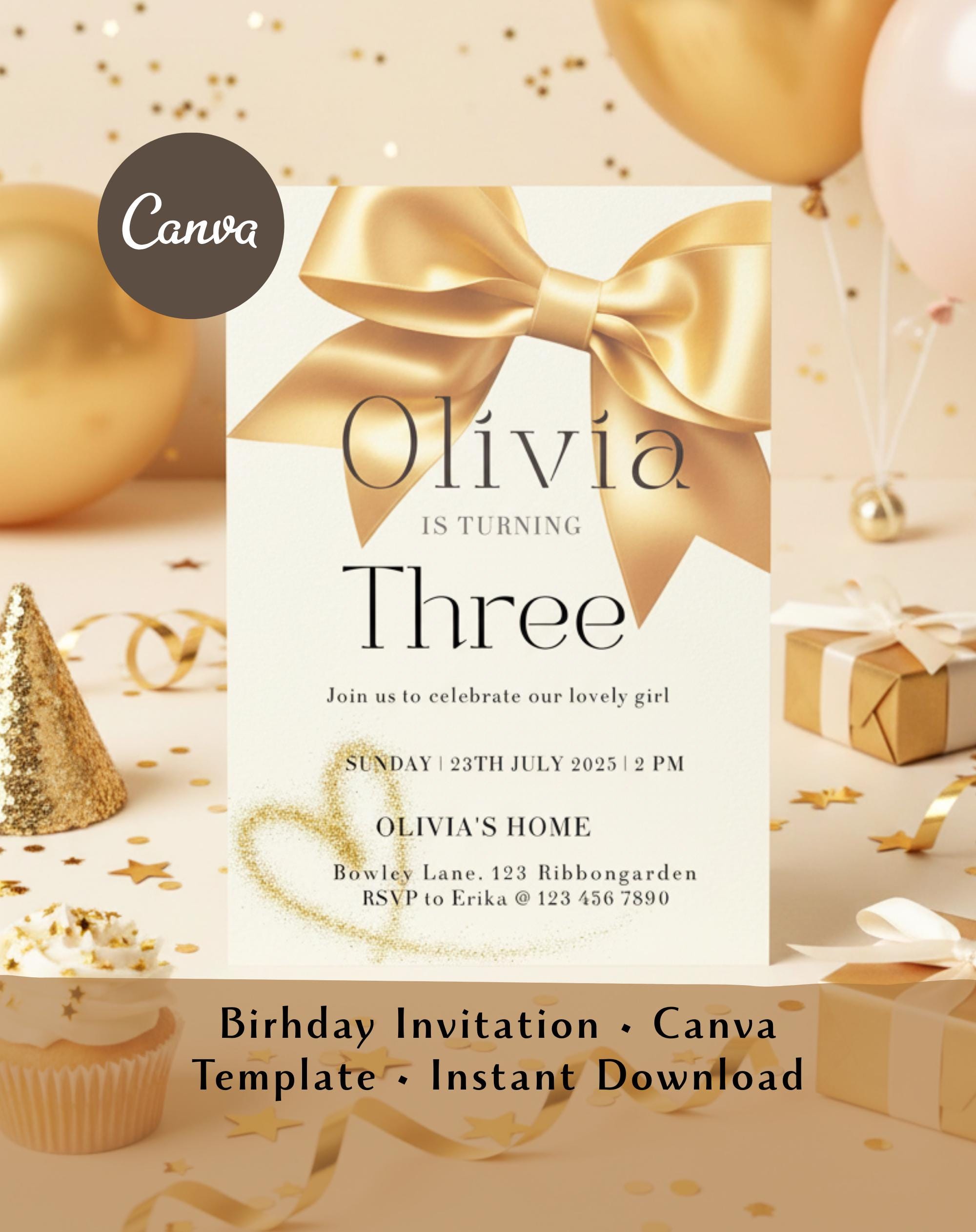 Gold Bow Birthday Invitation
