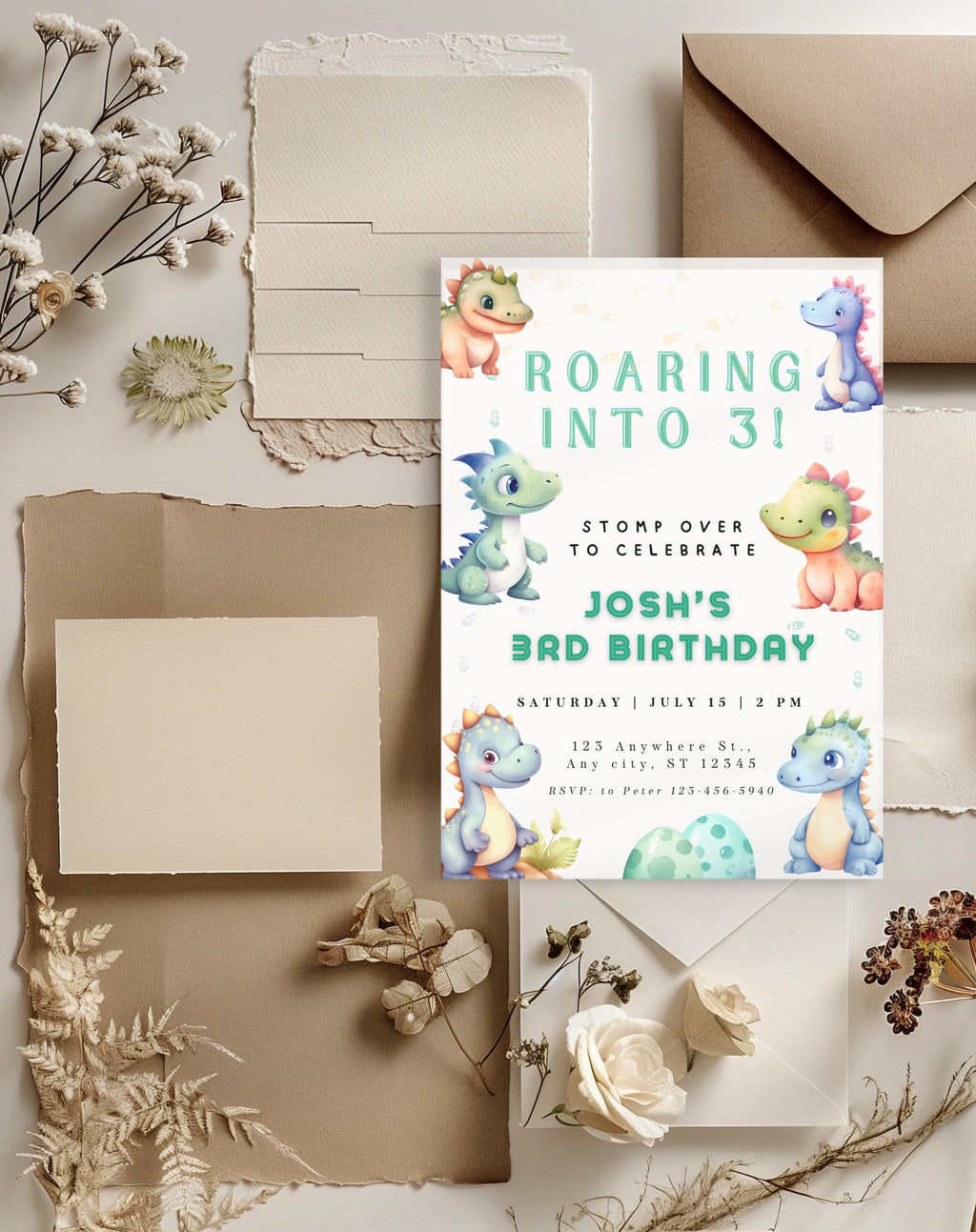 Dinosaur Colorful Pastel Birthday Invitation