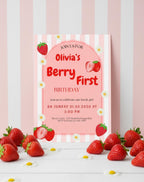 Strawberry Berry First Birthday Invitation
