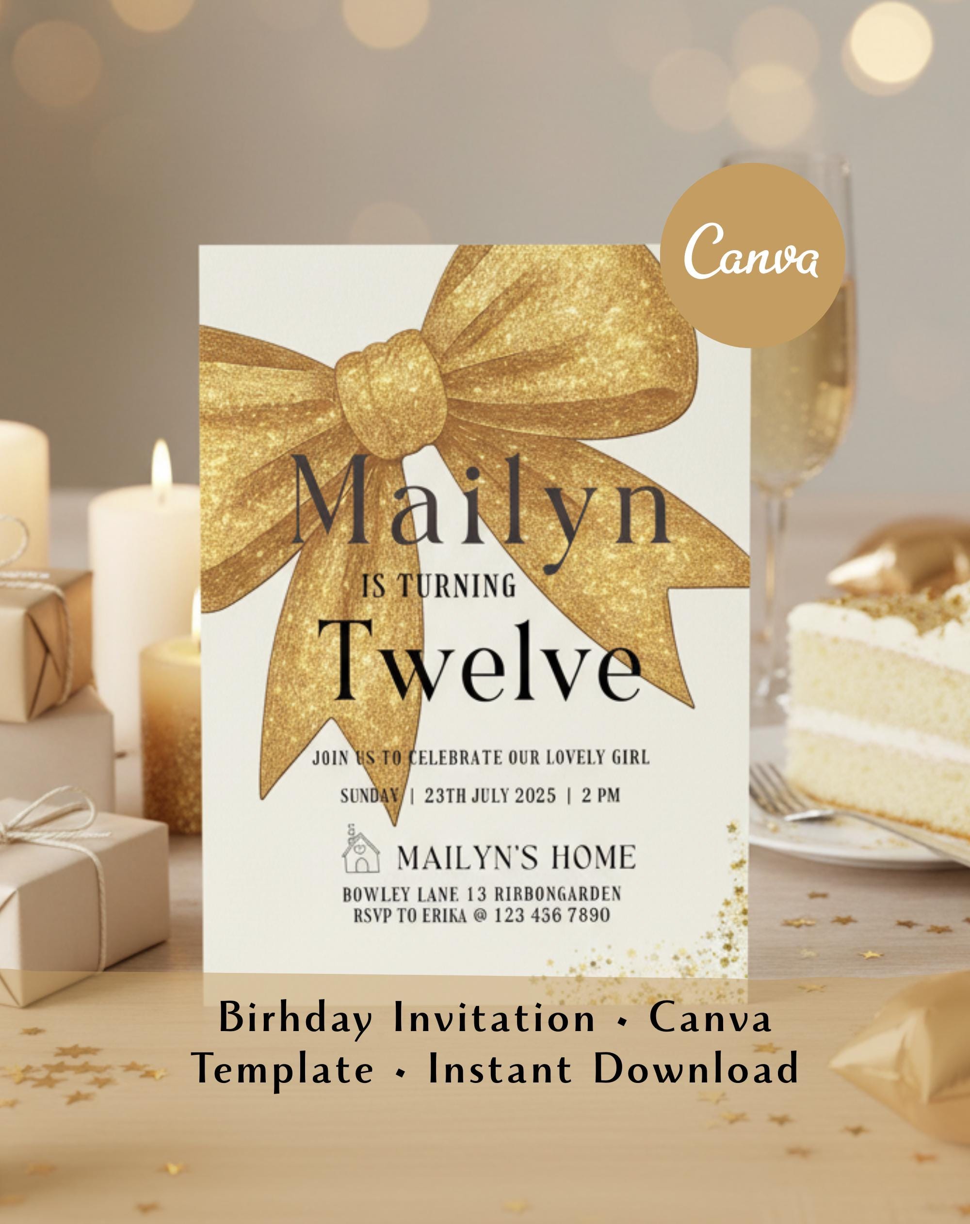 Gold Glitter Bow Birthday Invitation