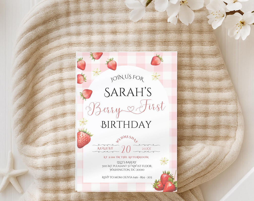 Berry First Birthday Strawberry Gingham Party Invitation
