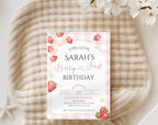 Berry First Birthday Strawberry Gingham Party Invitation