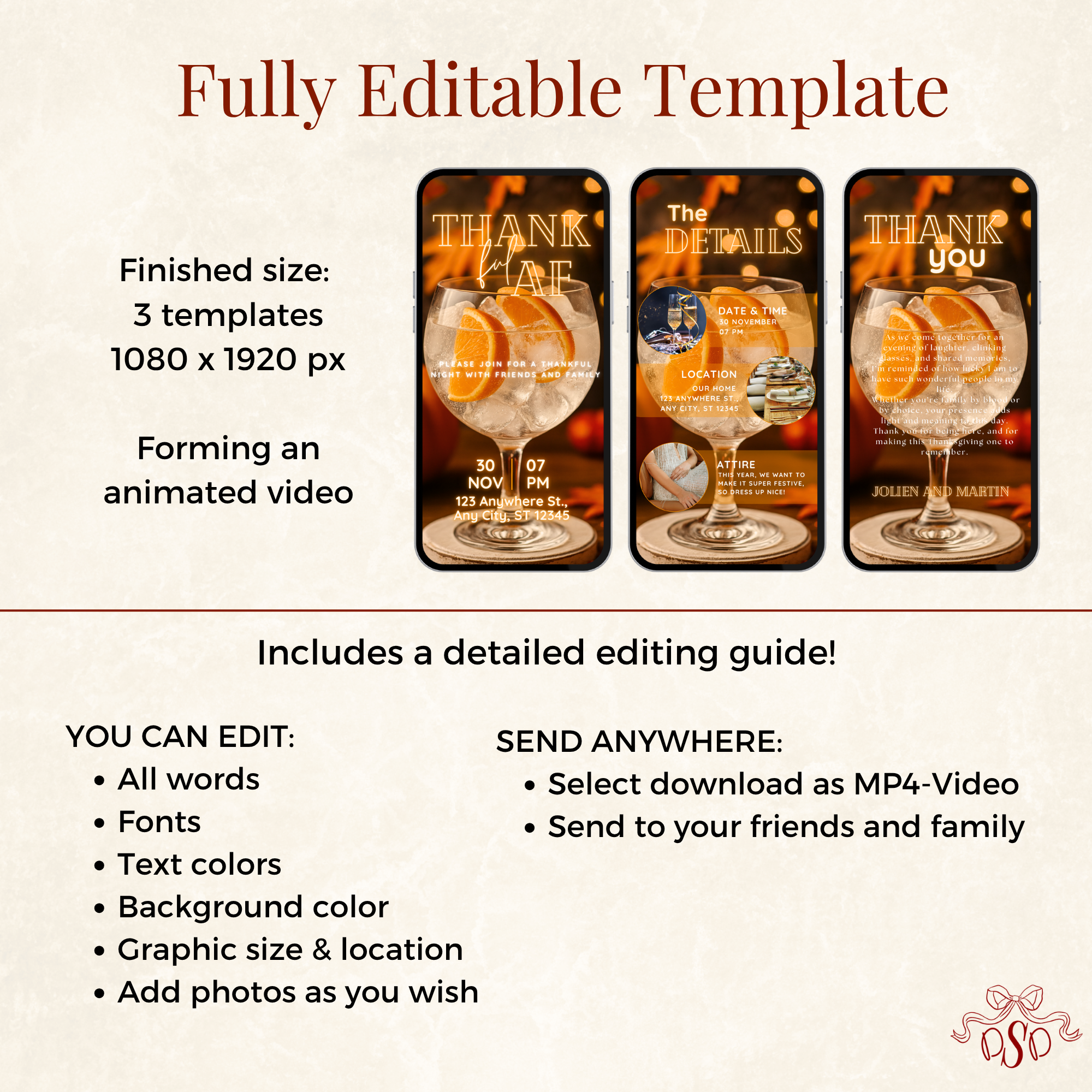 Cocktail Thankful AF Friendsgiving Thanksgiving Invitation - printable invite design detail