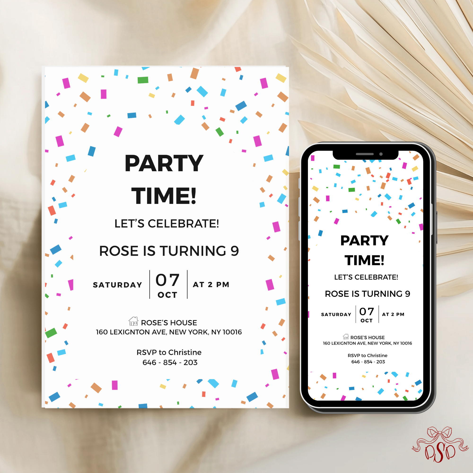 Confetti Colorful 9th Birthday Invitation - editable Canva template gallery image