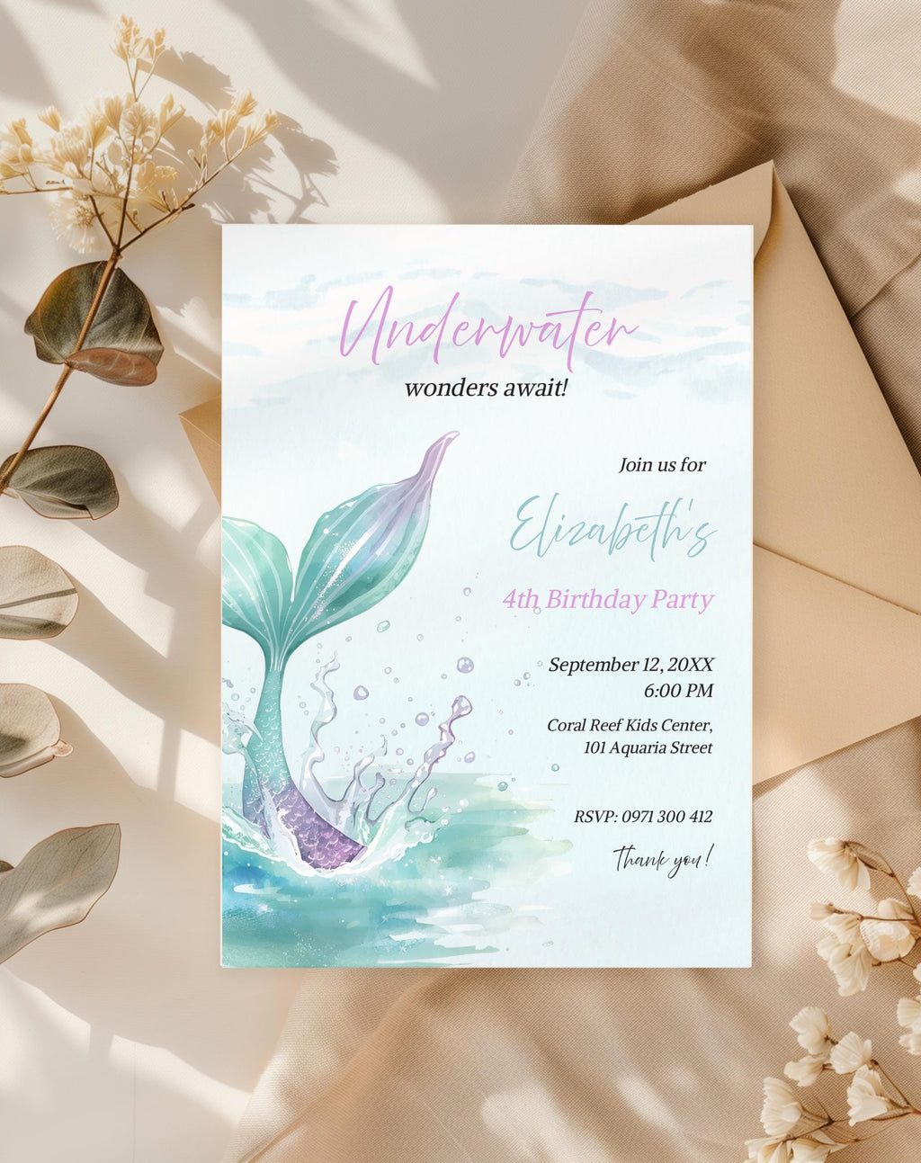 Watercolor Mermaid Underwater Birthday Invitation
