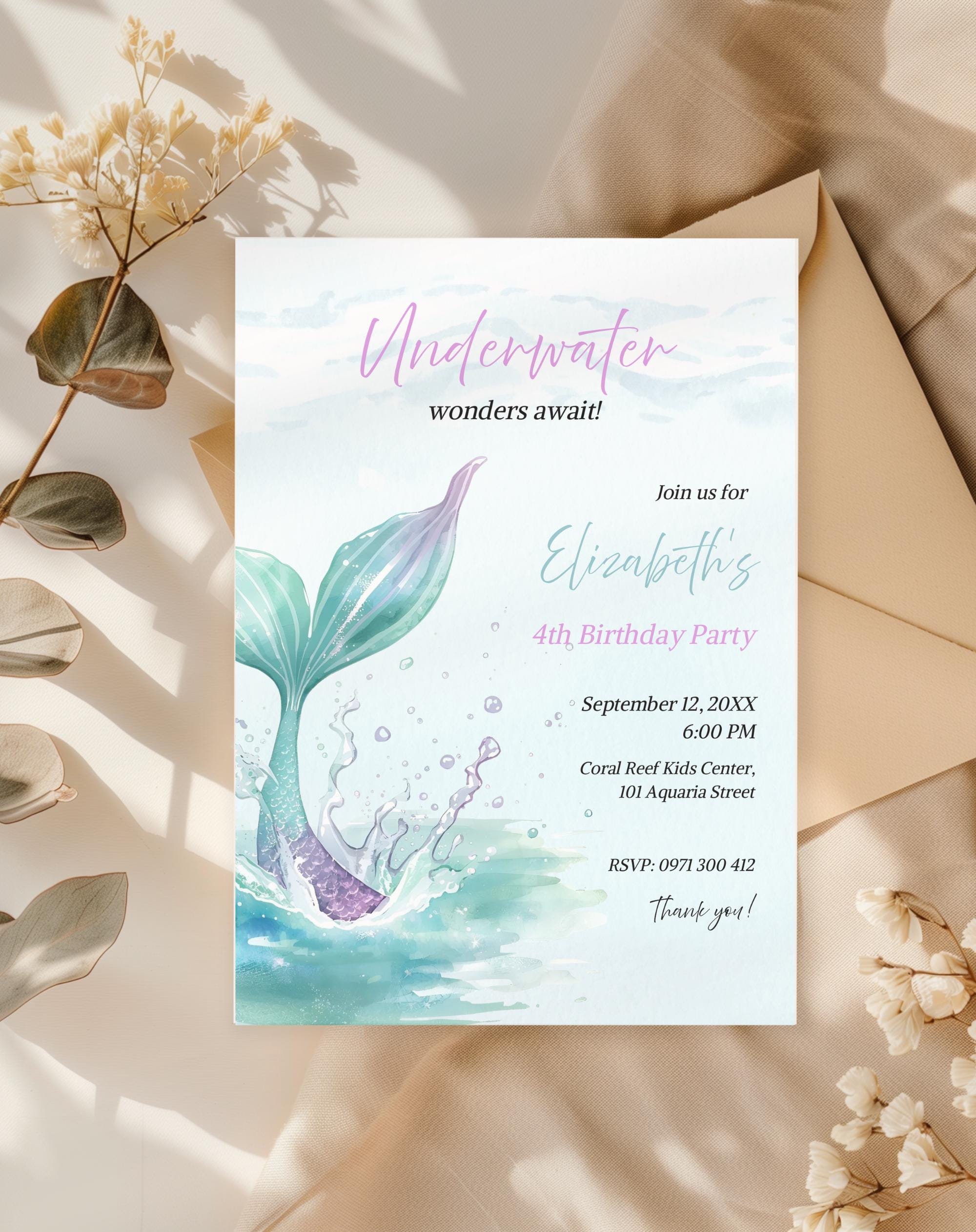 Watercolor Mermaid Underwater Birthday Invitation