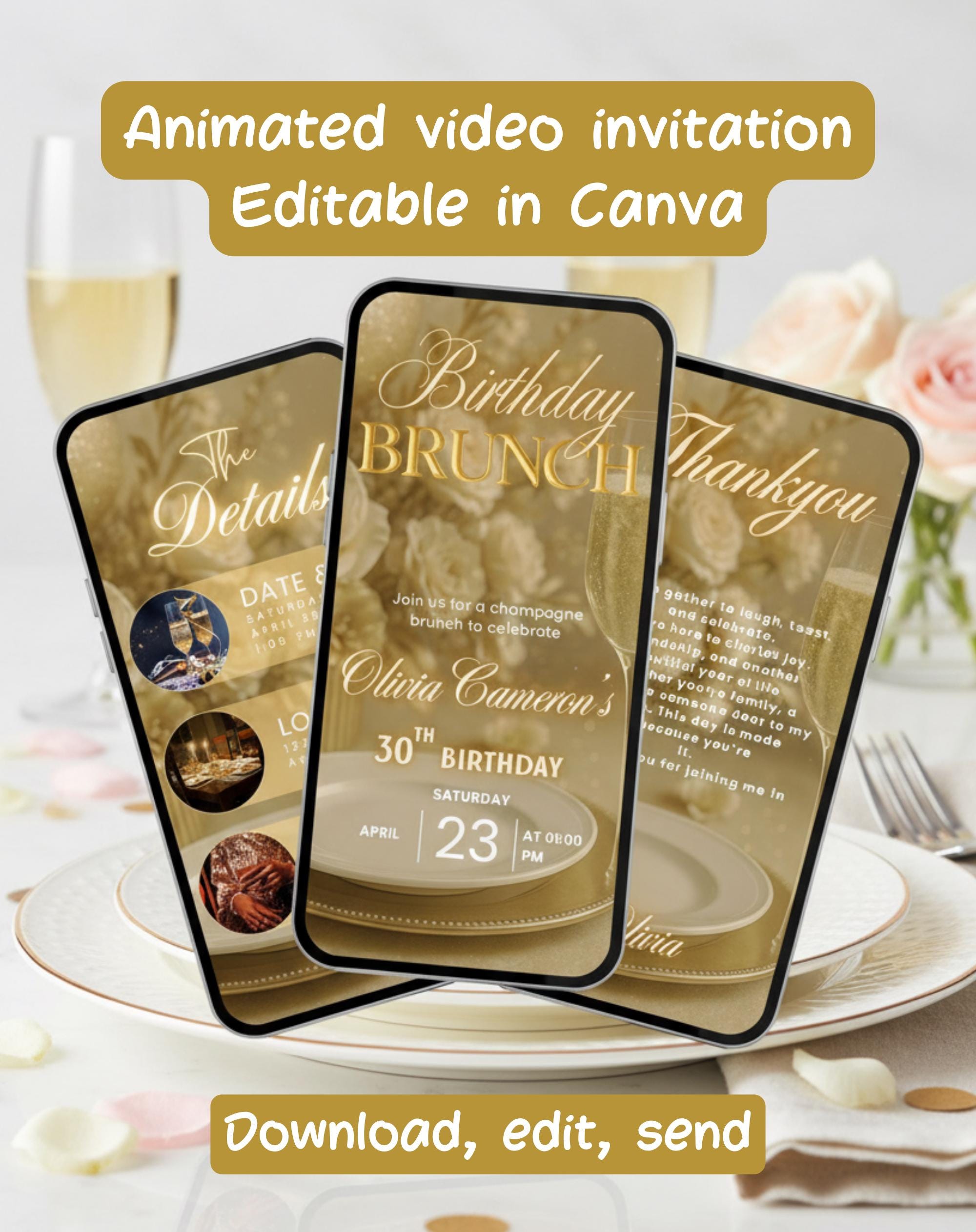 Gold Animated Birthday Brunch Invitation