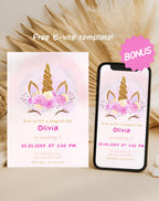 Unicorn Pink Gold Floral Birthday Invitation