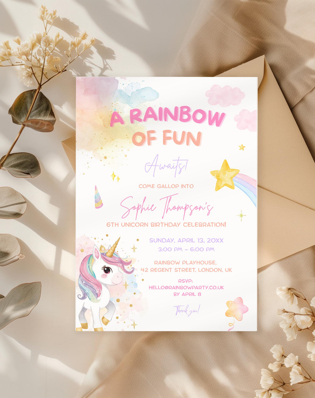 Unicorn Rainbow Birthday Invitation