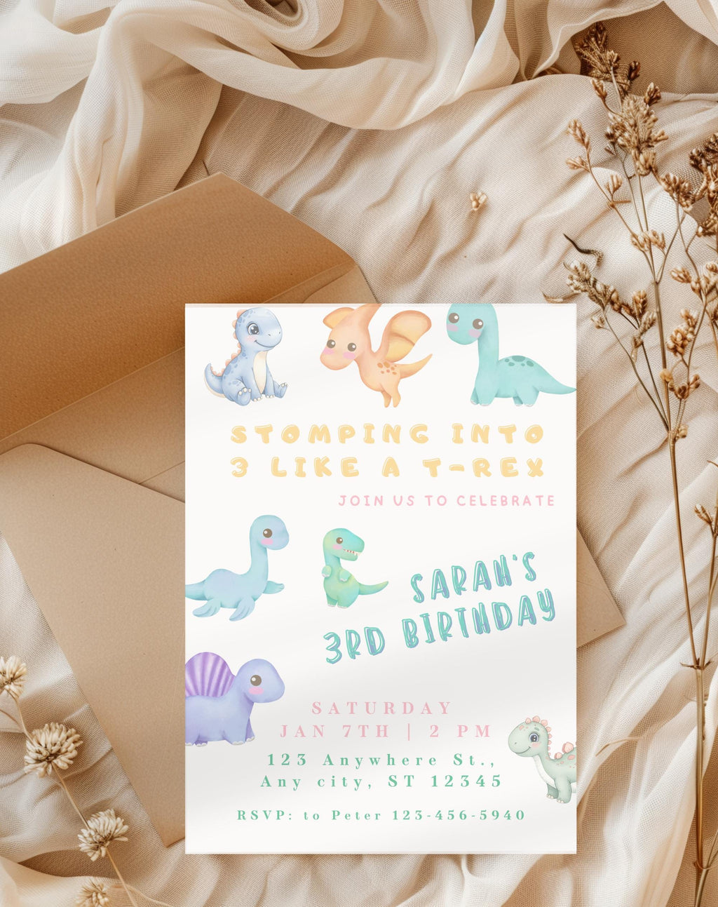 Pastel Dinosaur Birthday Invitation