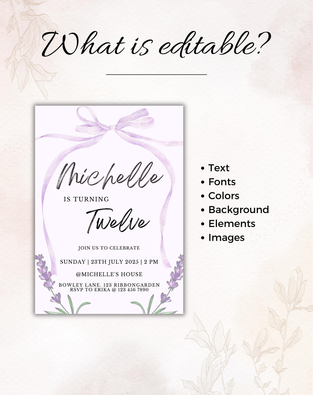 Lavender Bow Birthday Party Invitation