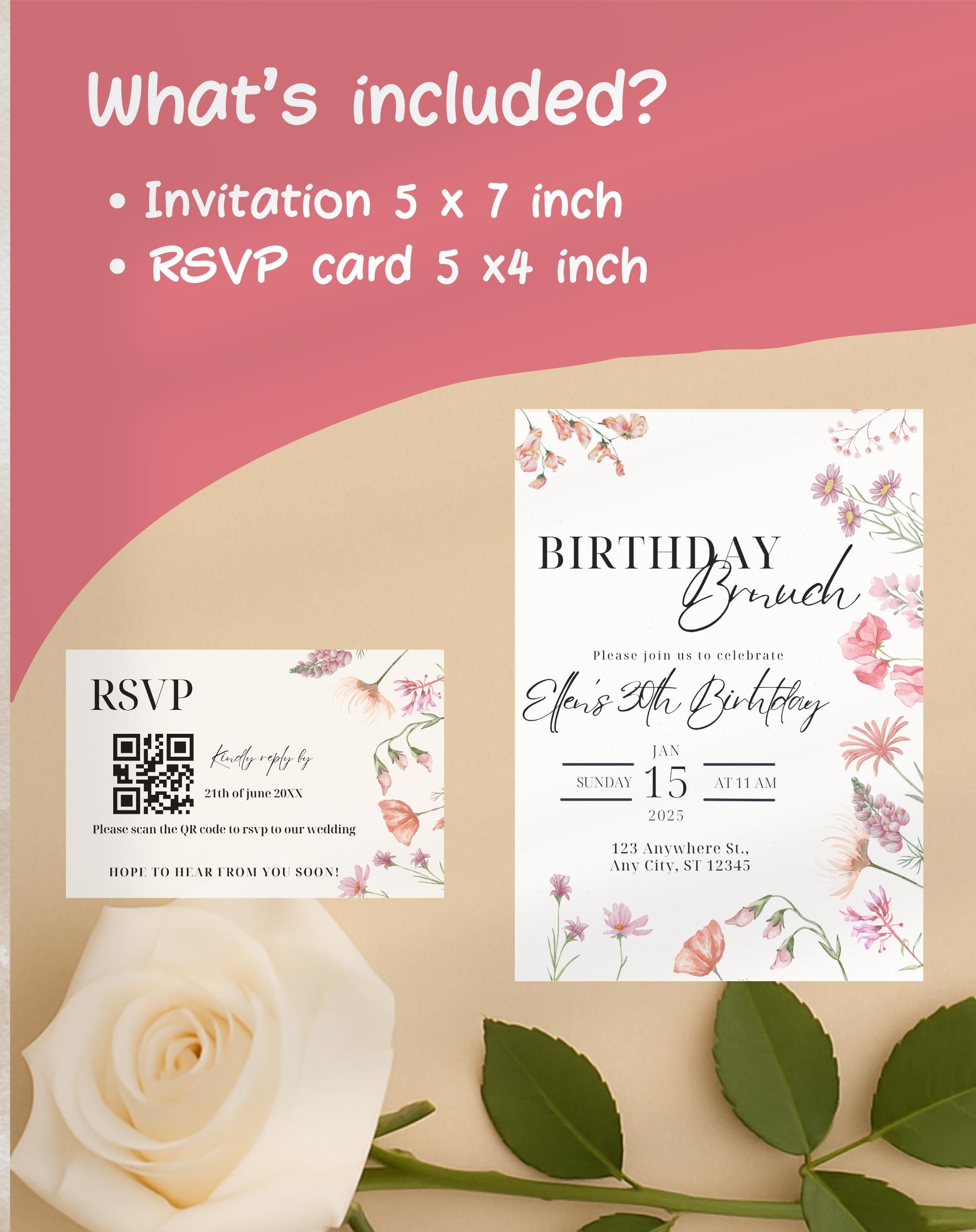 Pink Wildflower Birthday Brunch Invitation
