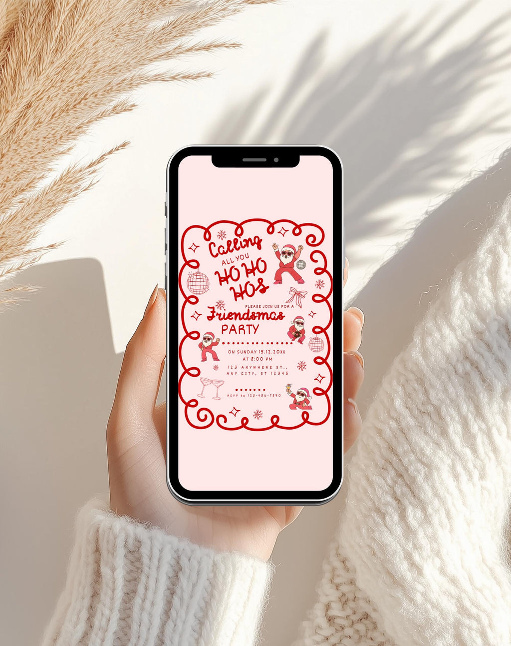 Christmas Pink/Red Retro Friendsmas Party Invitation (E-vite)