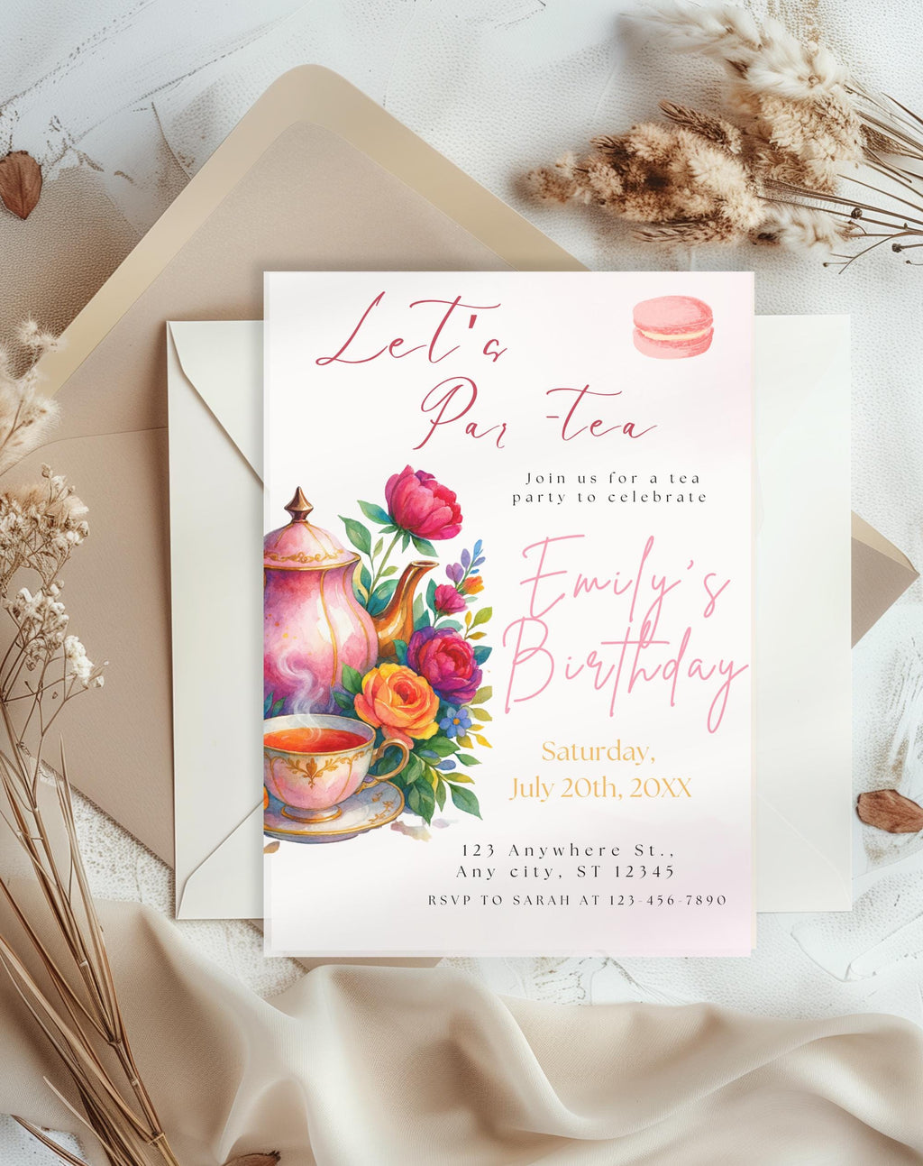 Tea Party Watercolor Floral Macaron Birthday Invitation
