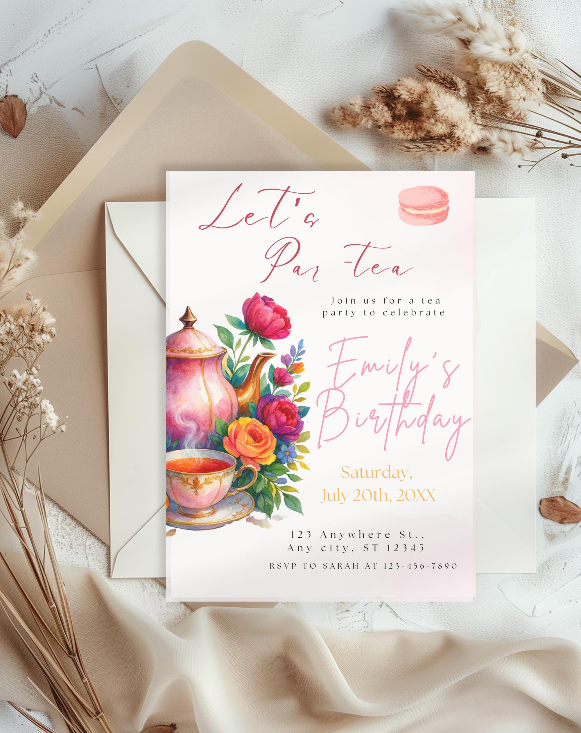 Tea Party Watercolor Floral Macaron Birthday Invitation