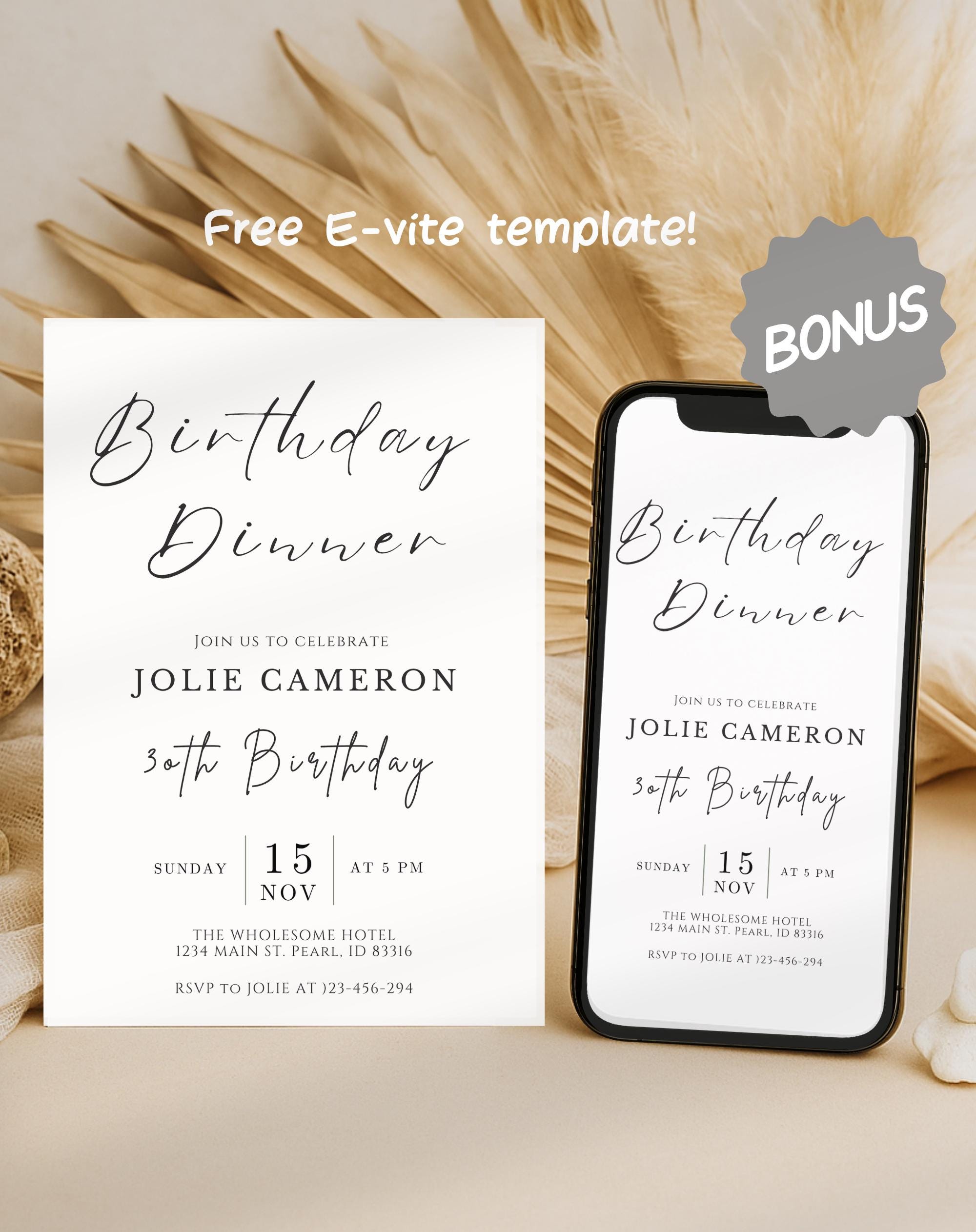 Minimalist Black and White Birthday Dinner Invitation