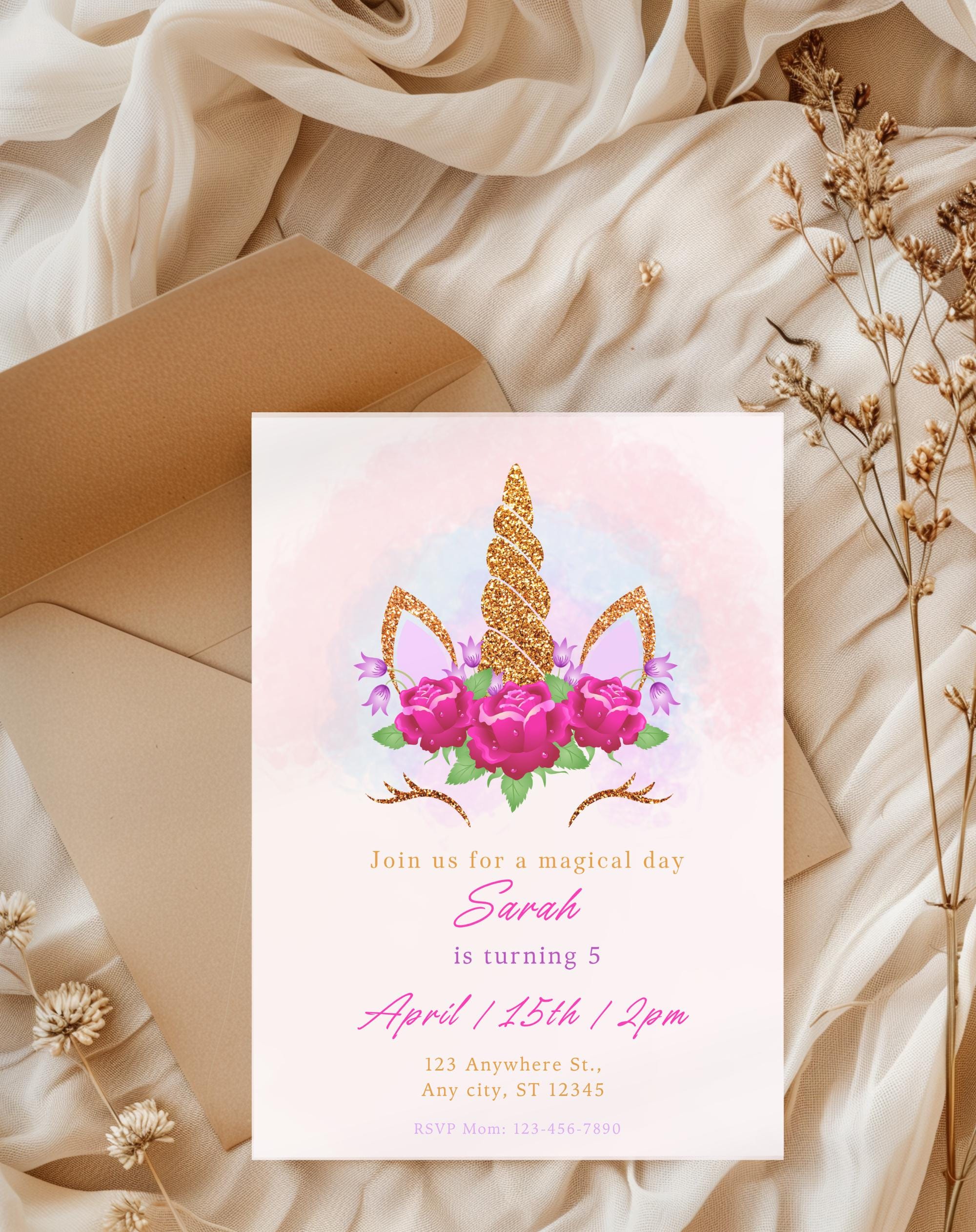 Unicorn Pink Gold Floral Birthday Invitation