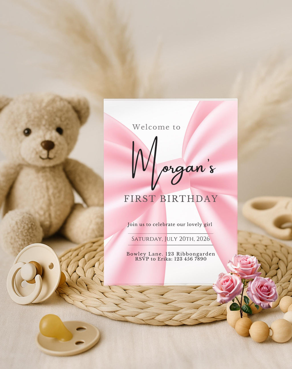 First Birthday Pink Ribbon Invitation