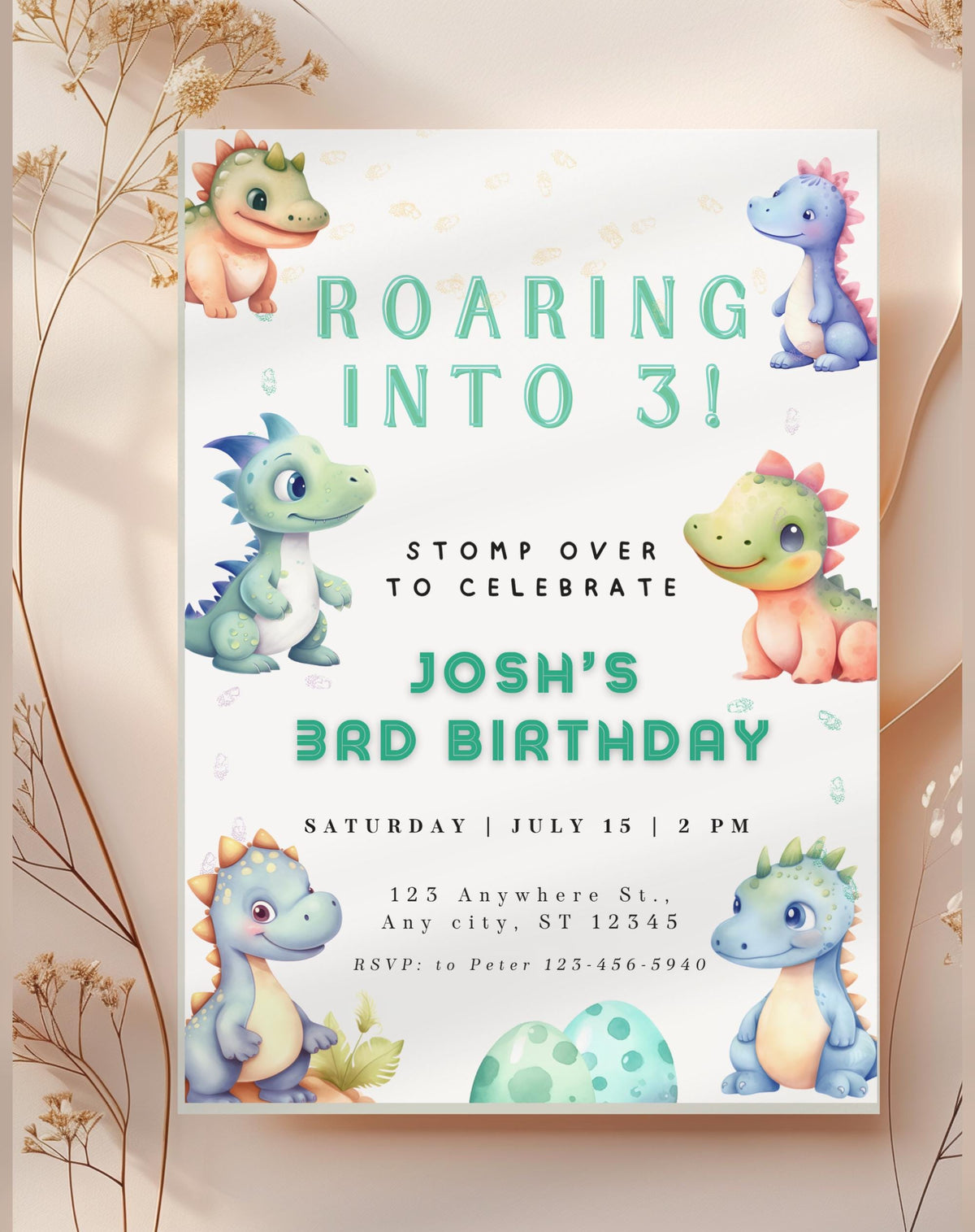 Dinosaur Colorful Pastel Birthday Invitation - main design preview