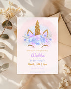 Gold Glitter Unicorn Birthday Invitation