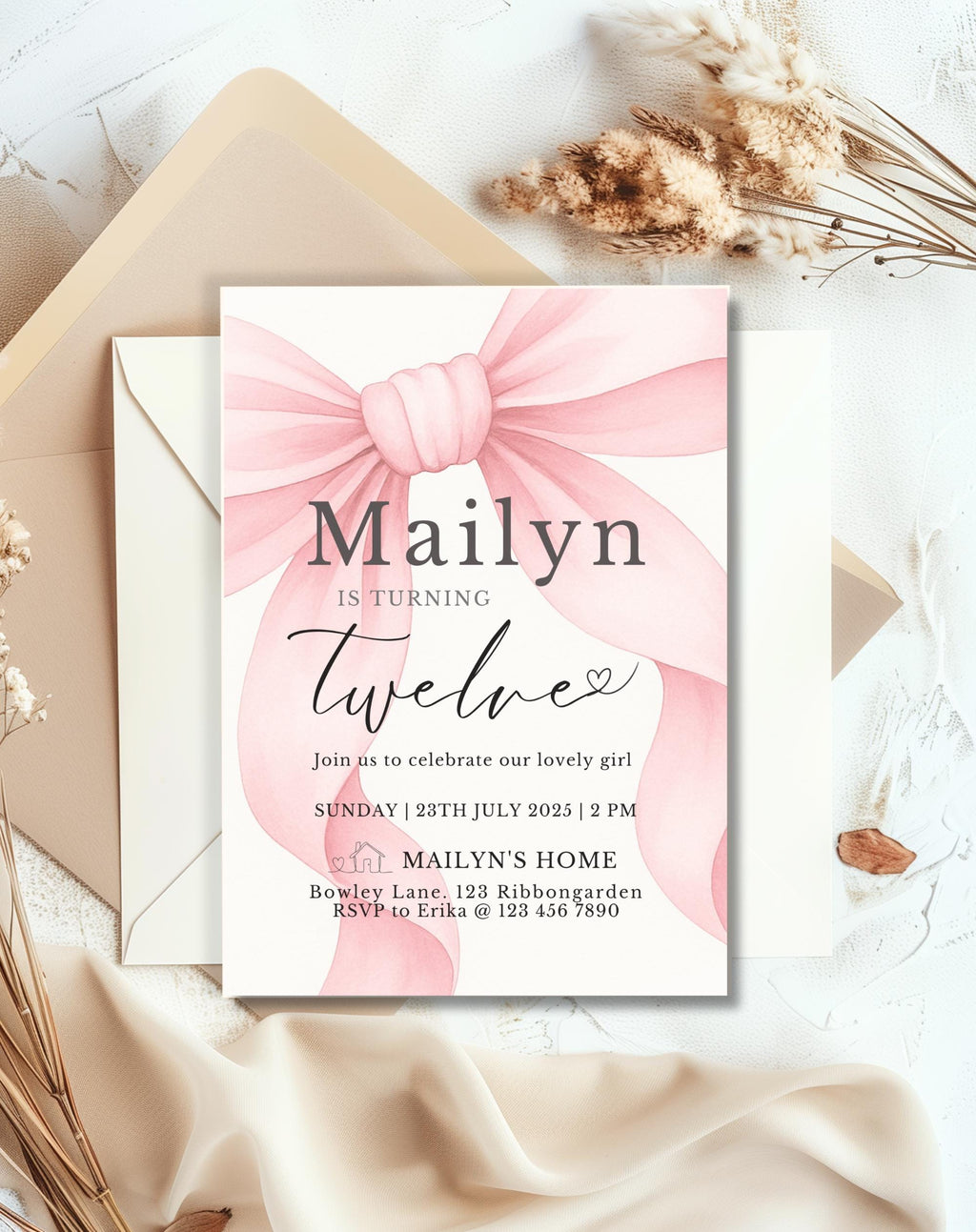 Pink Bow with Ribbon Birthday Party Invitation