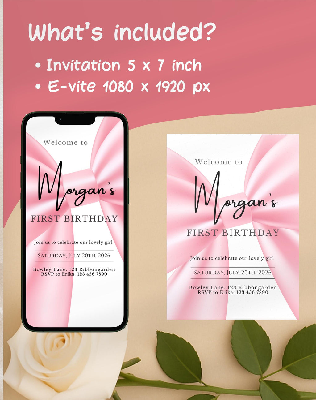 First Birthday Pink Ribbon Invitation
