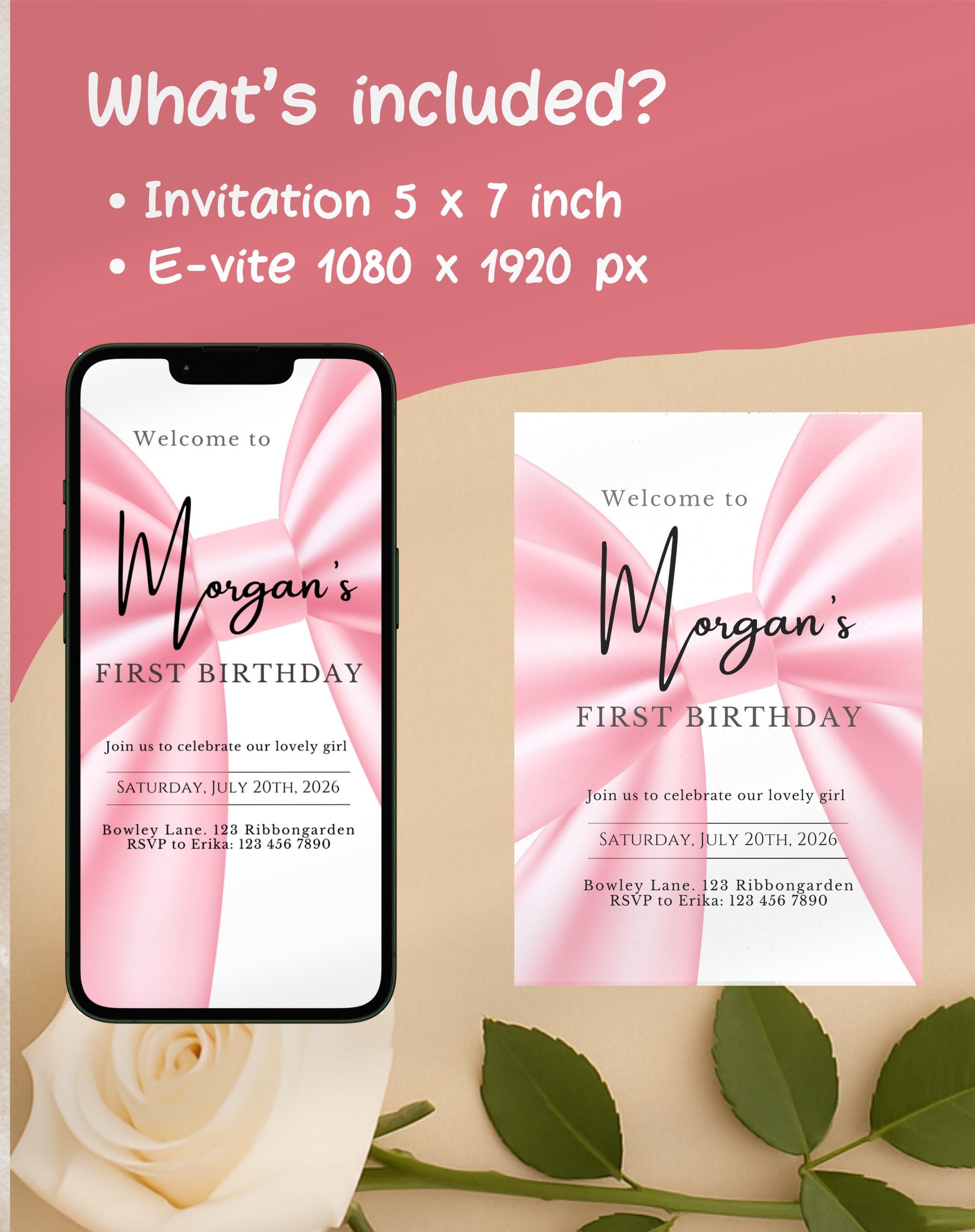 First Birthday Pink Ribbon Invitation