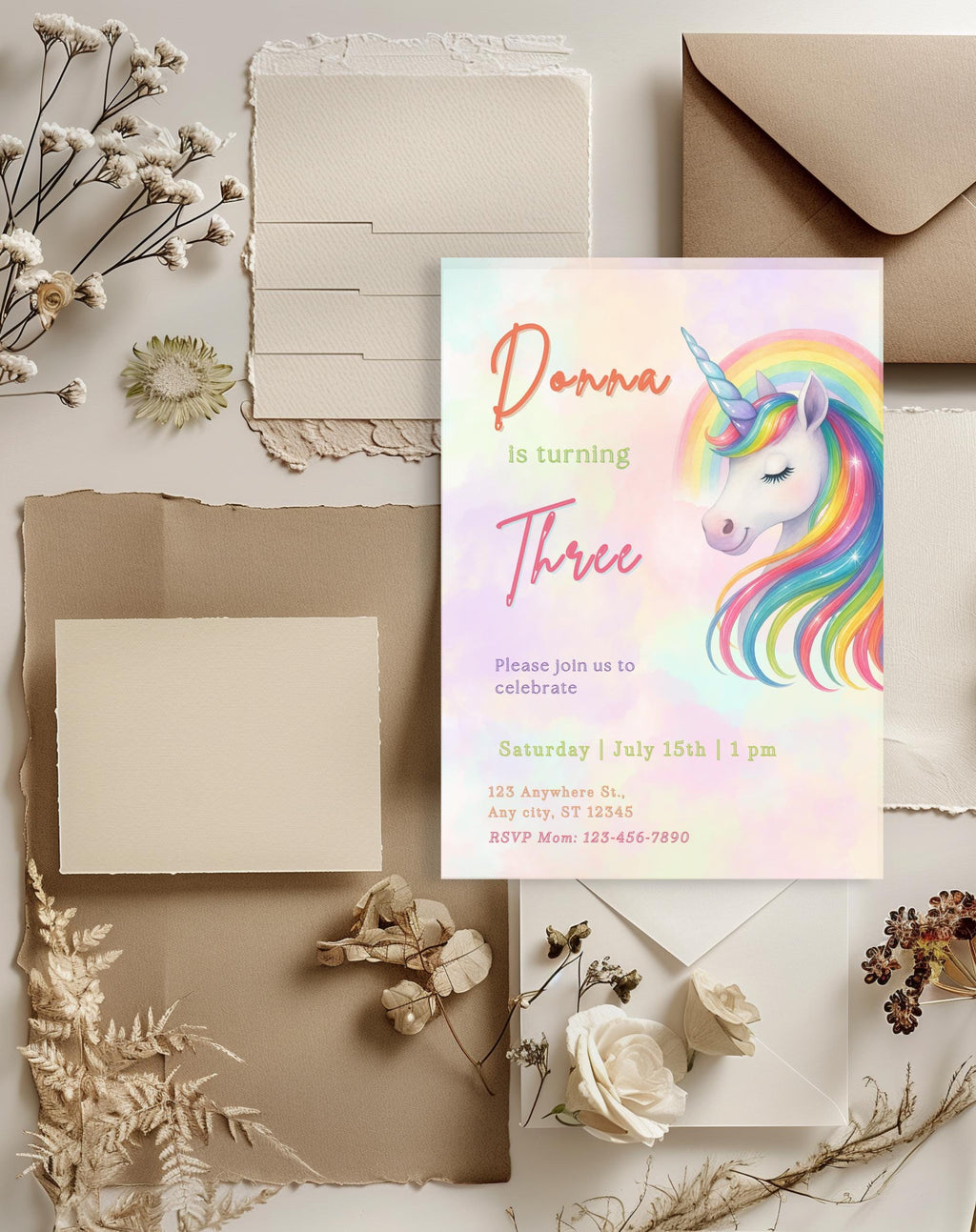 Unicorn Rainbow Pastel Birthday Invitation