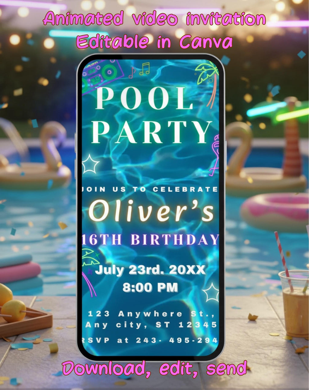 Neon Blue/Gold Pool Party Invitation (E-vite)