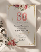 80th Pink Gold Floral Elegant Birthday Invitation