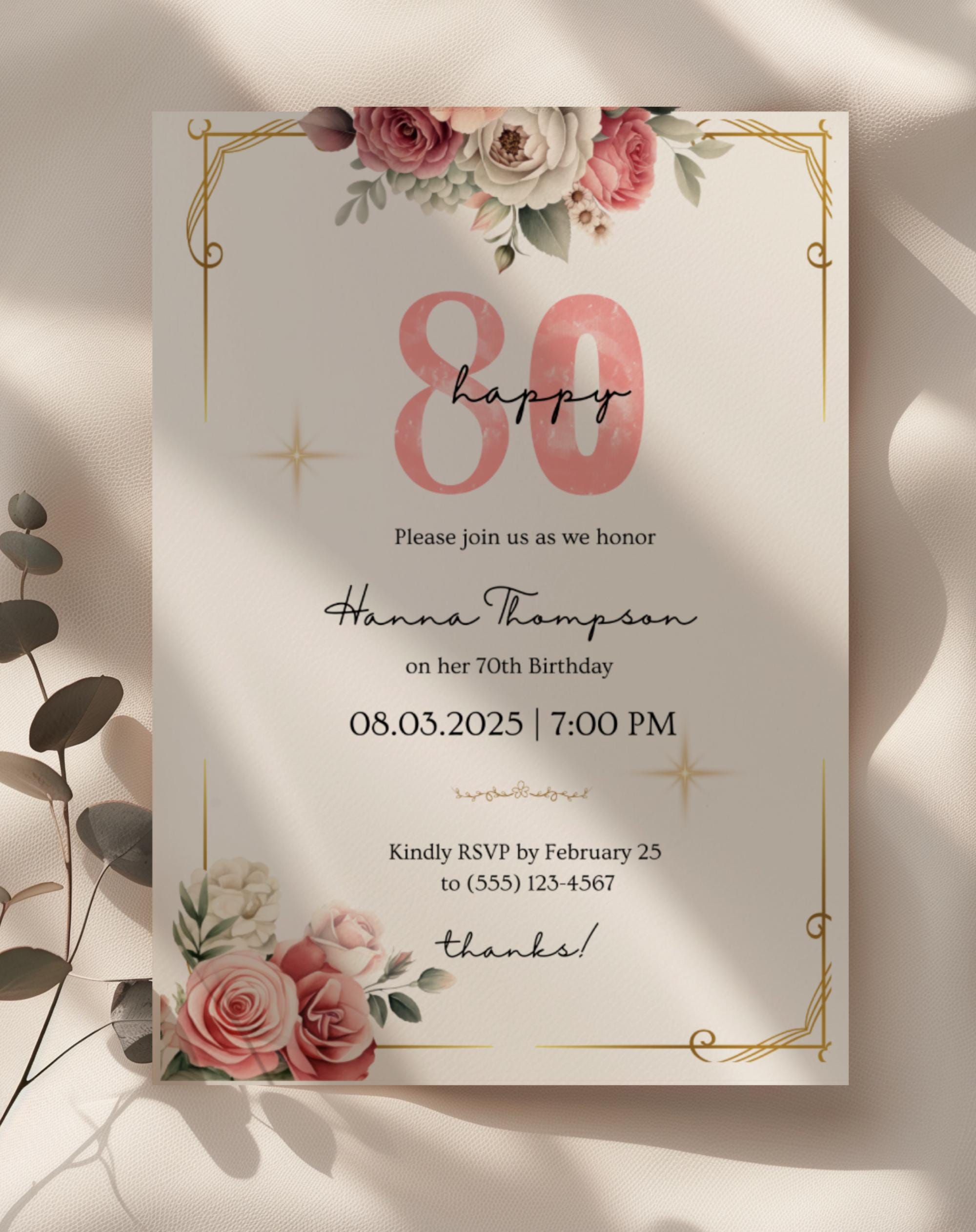 80th Pink Gold Floral Elegant Birthday Invitation