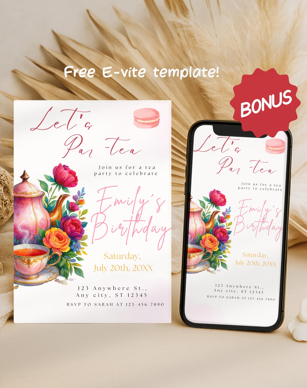 Tea Party Watercolor Floral Macaron Birthday Invitation