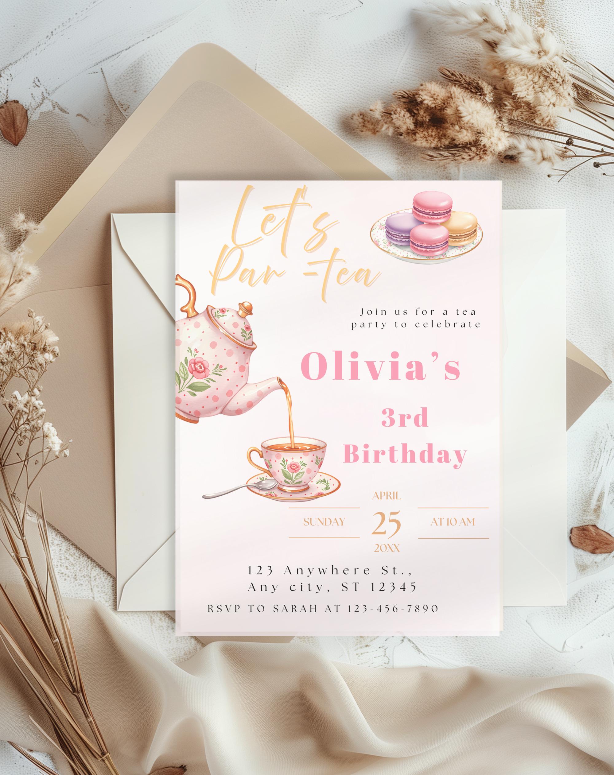 Tea Party Gold/Pink Birthday Invitation