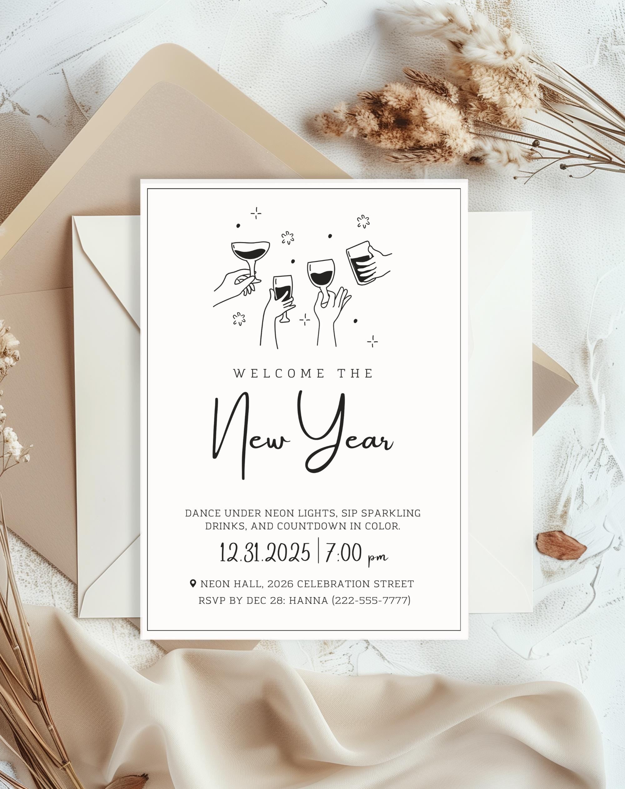 Black & White New Year Drinks Invitation