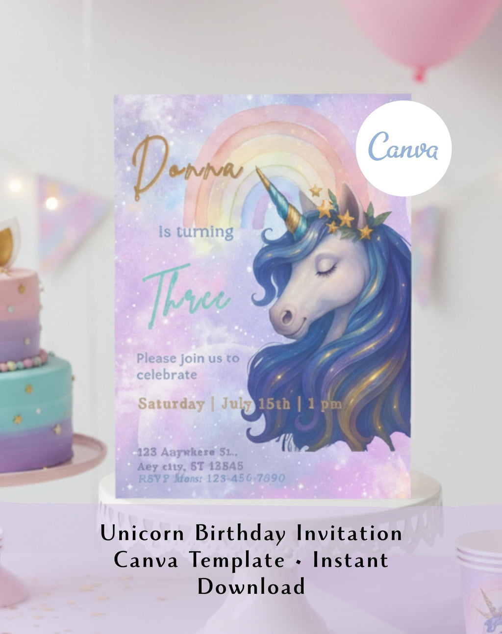Pastel Rainbow Unicorn Birthday Invitation