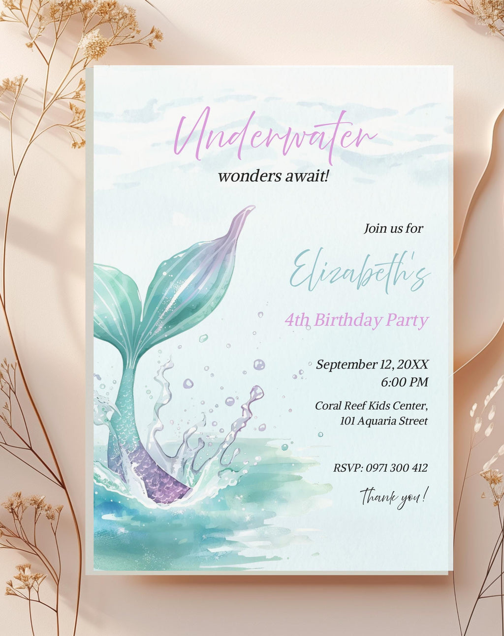 Watercolor Mermaid Underwater Birthday Invitation