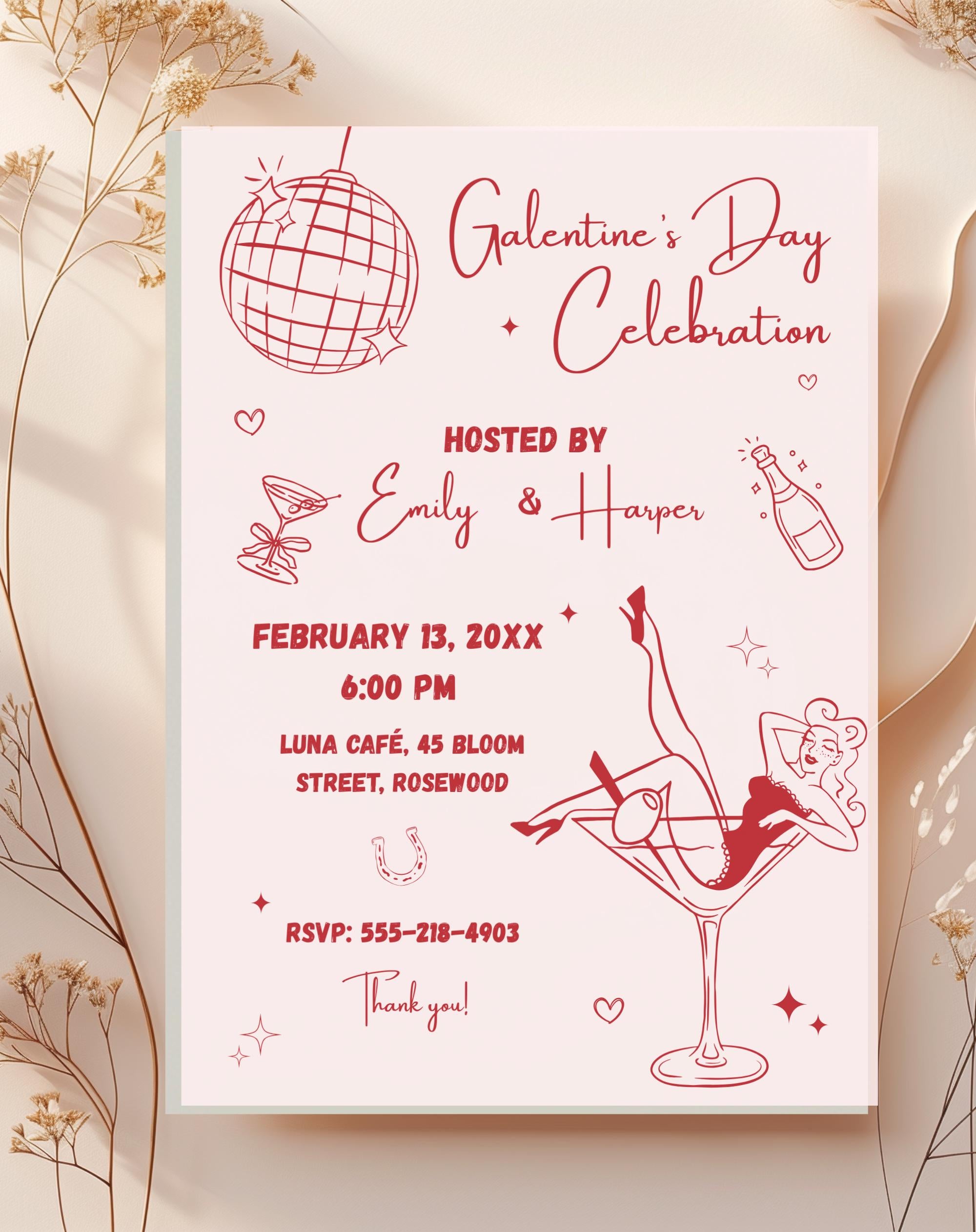 Galentine Pink Valentine Girls Night Party Invitation
