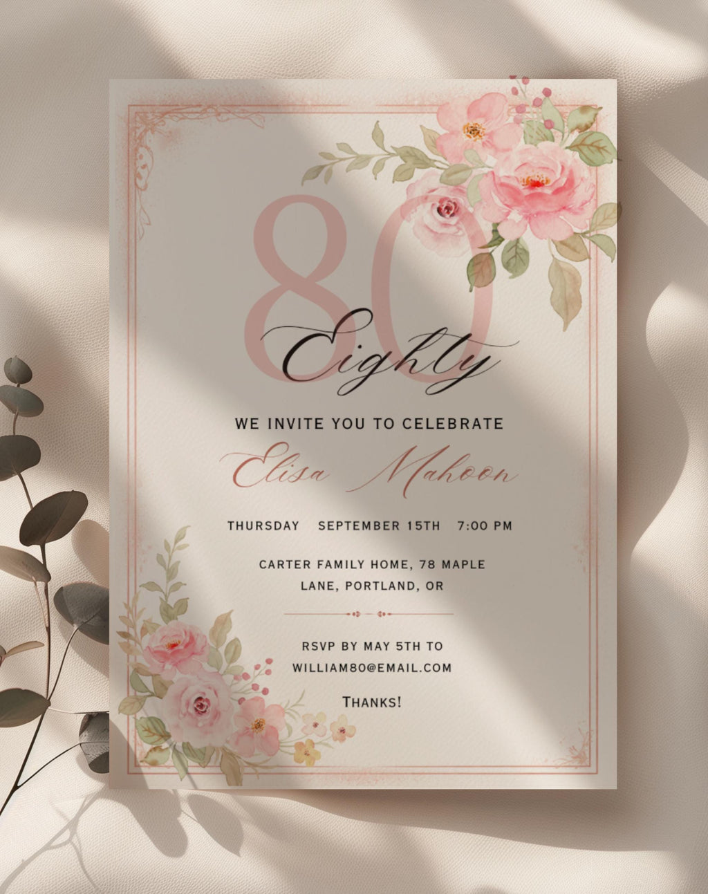 80th Birthday Invitation Pink Floral Elegant Invitation