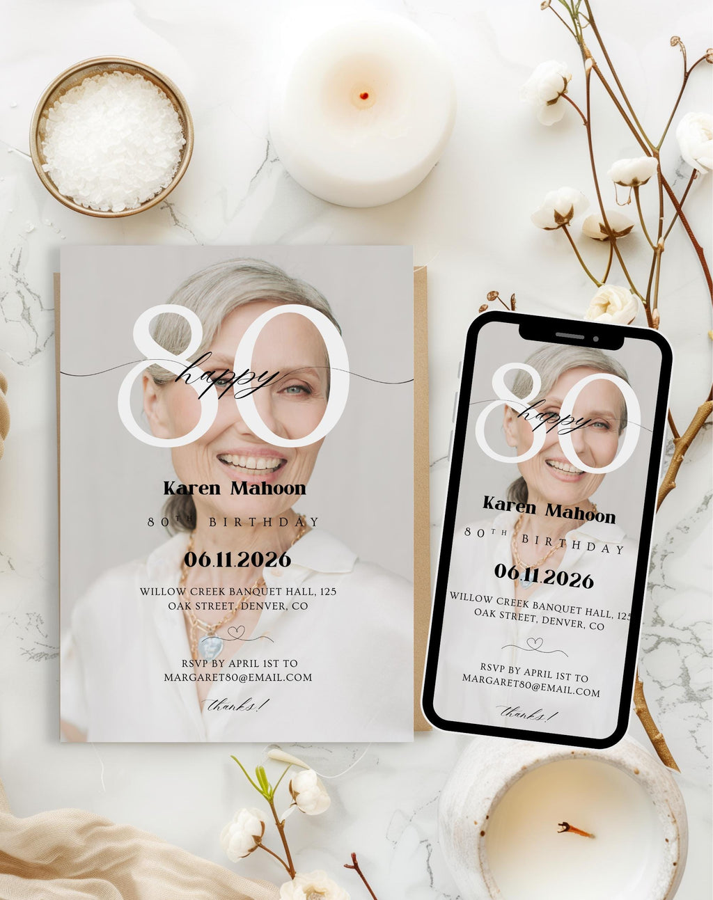 80th Birthday Modern Photo Invitation