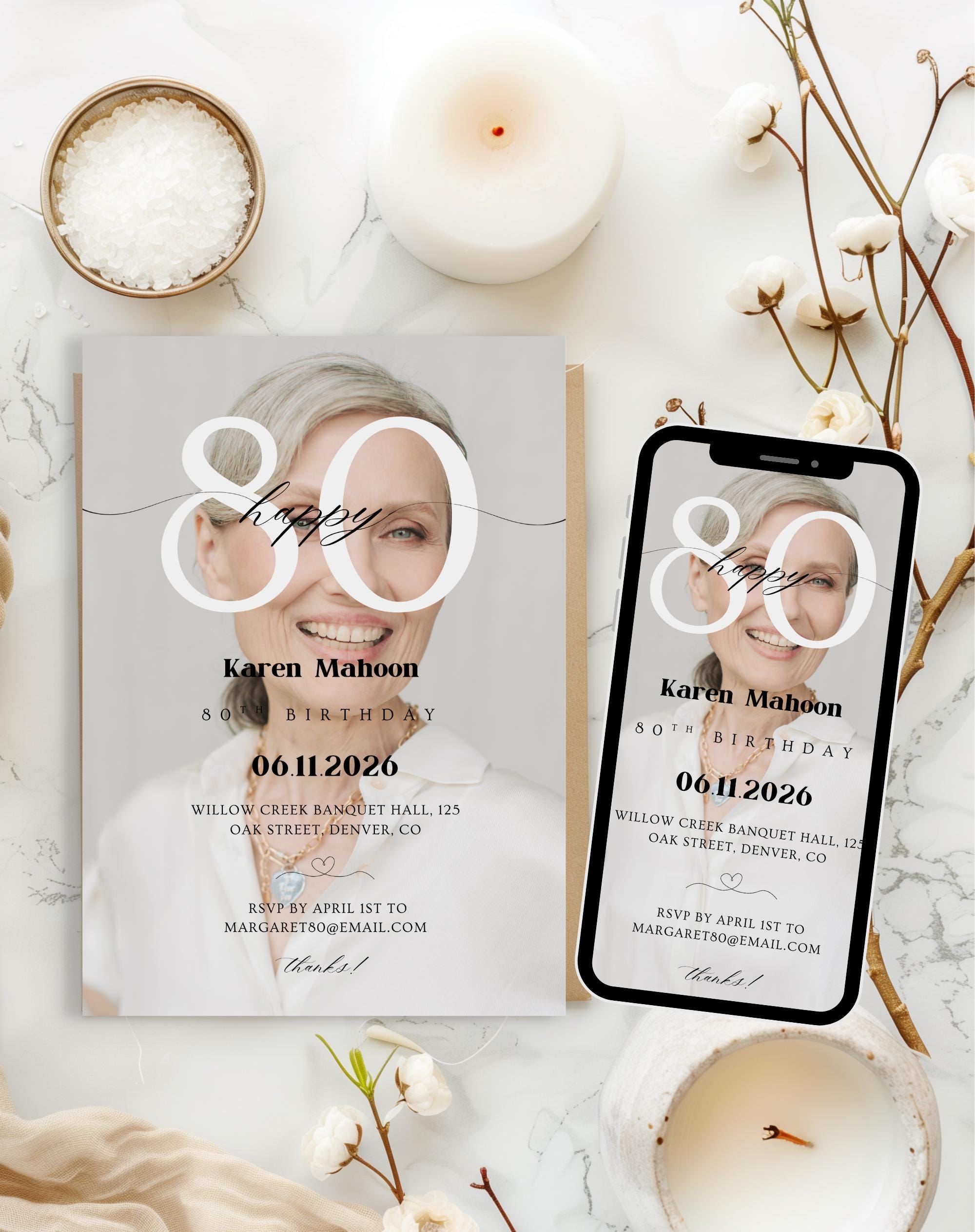 80th Birthday Modern Photo Invitation