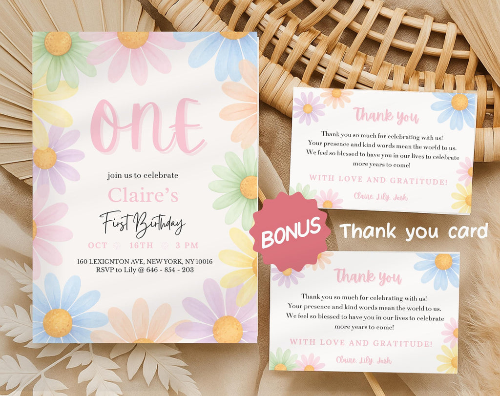 Pastel Floral Daisy First Birthday Invitation