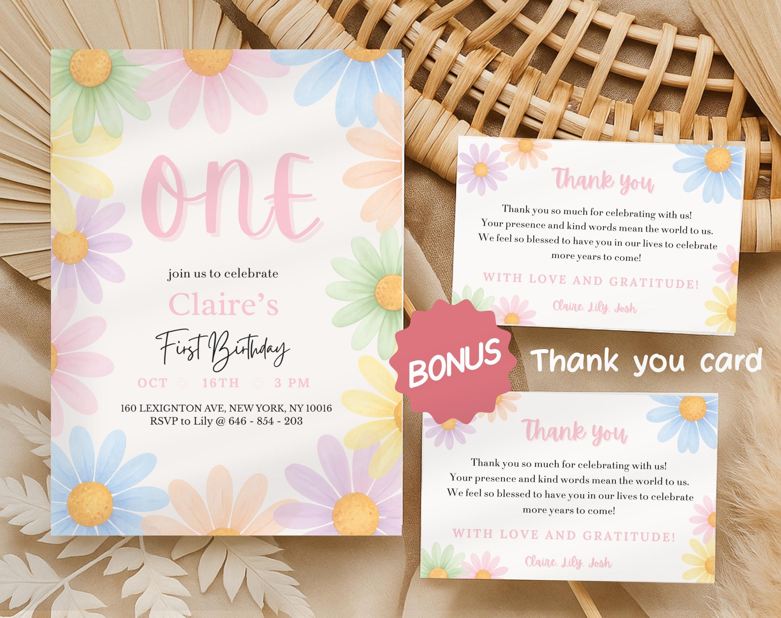 Pastel Floral Daisy First Birthday Invitation