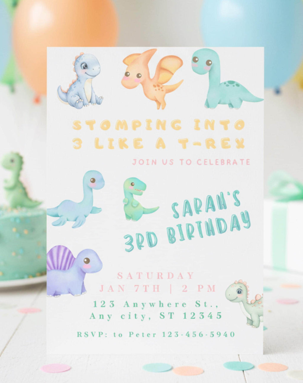 Pastel Dinosaur Birthday Invitation