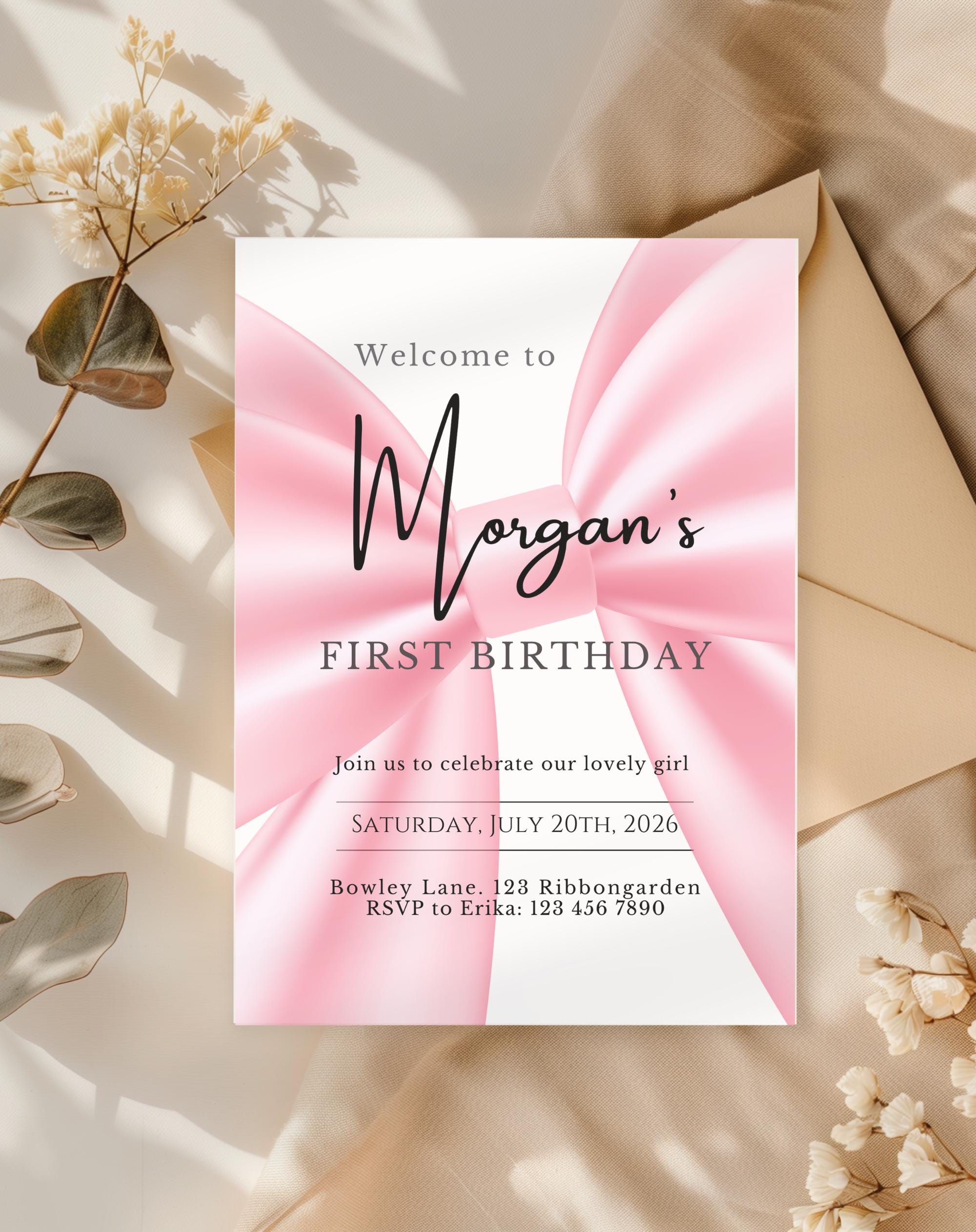 First Birthday Pink Ribbon Invitation