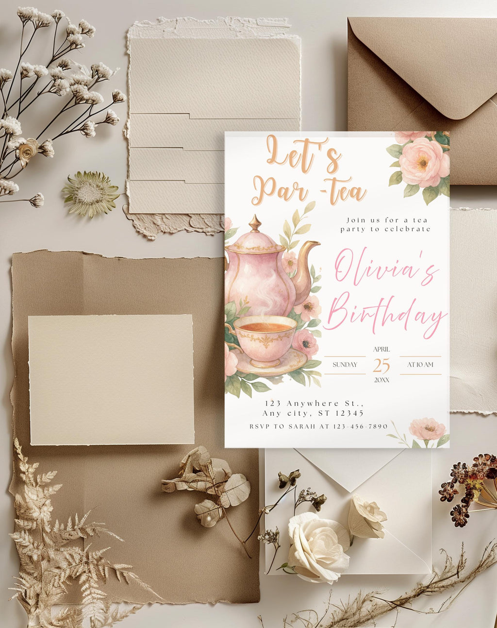 Watercolor Floral Tea Party Birthday Invitation