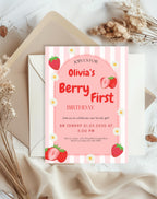 Strawberry Berry First Birthday Invitation