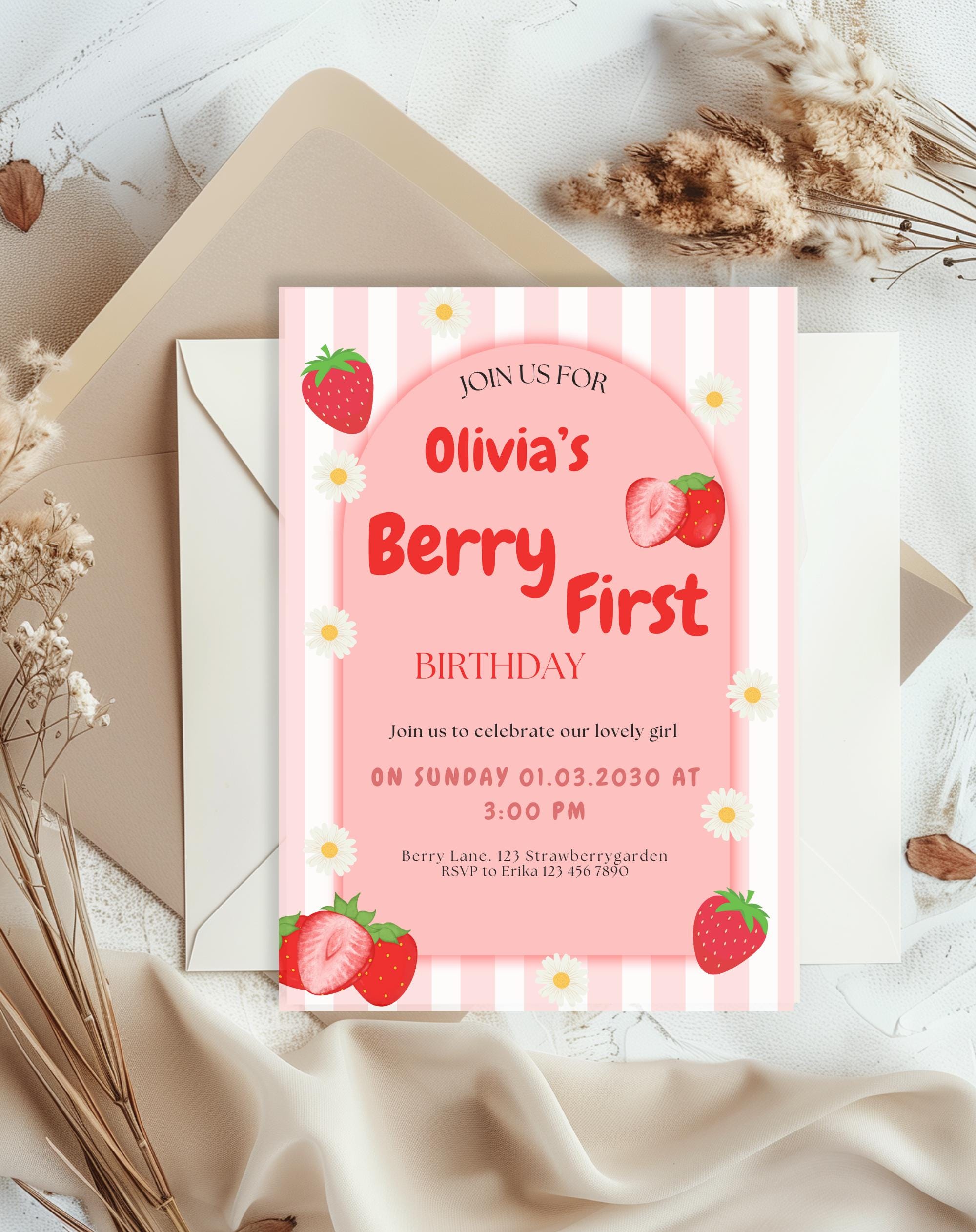 Strawberry Berry First Birthday Invitation