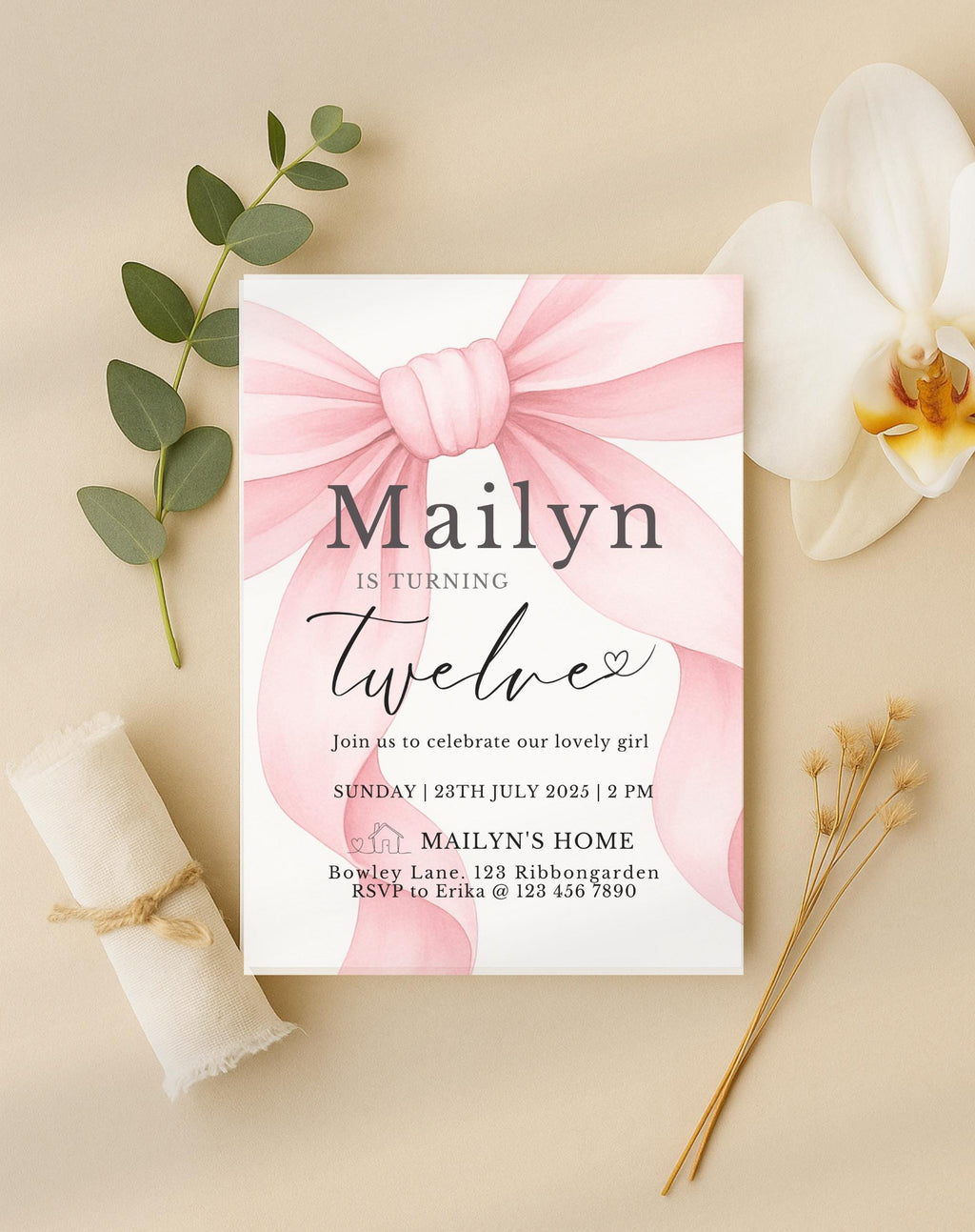 Pink Bow with Ribbon Birthday Party Invitation