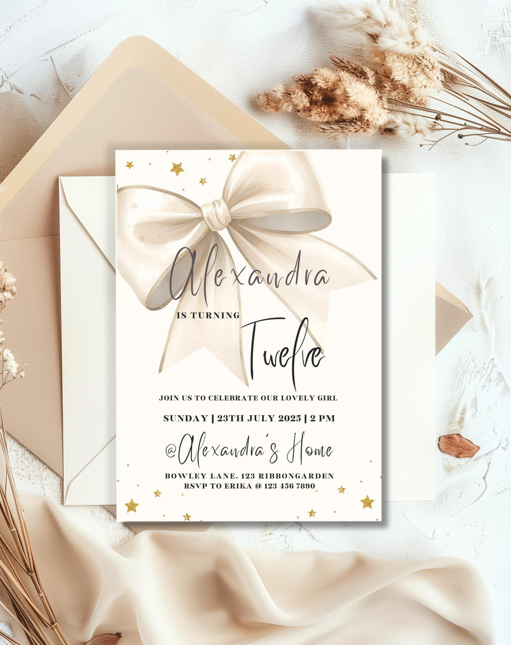 Gold Bow Satin Ribbon Birthday Invitation